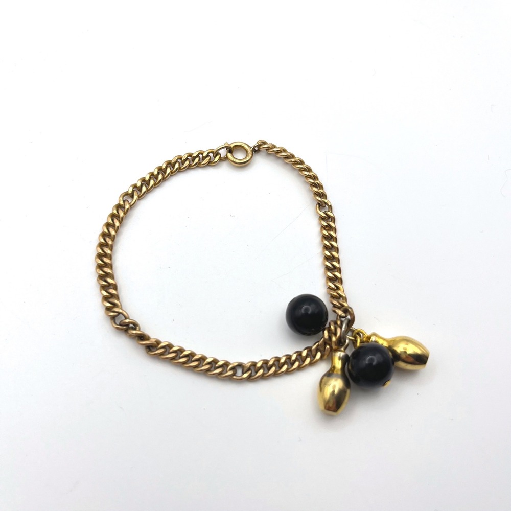 Vintage 12K Gold Filled Bowling Pin Charm Bracelet‎ Black Spheres Curb Chain 7"